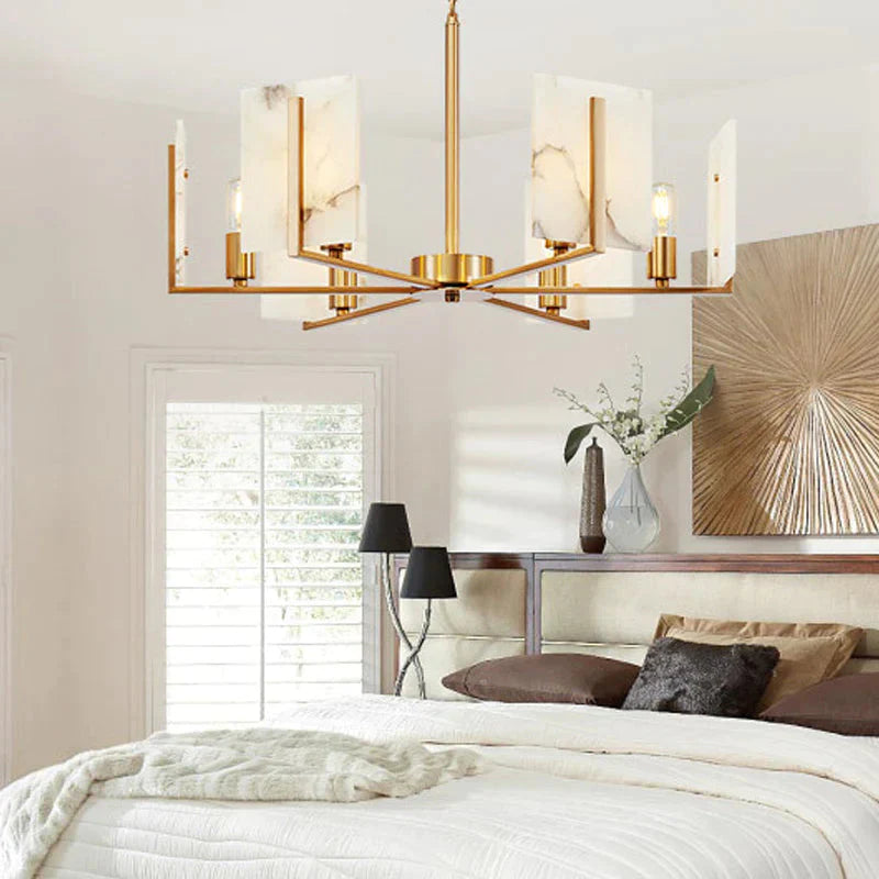 6 Lights Chandelier Pendant Light Colonial Expose Bulb Metal Suspension Lamp In Gold With Rectangle
