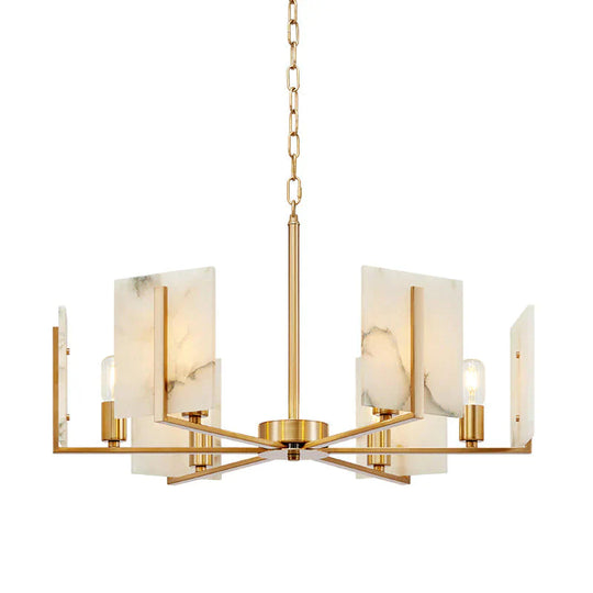 6 Lights Chandelier Pendant Light Colonial Expose Bulb Metal Suspension Lamp In Gold With Rectangle