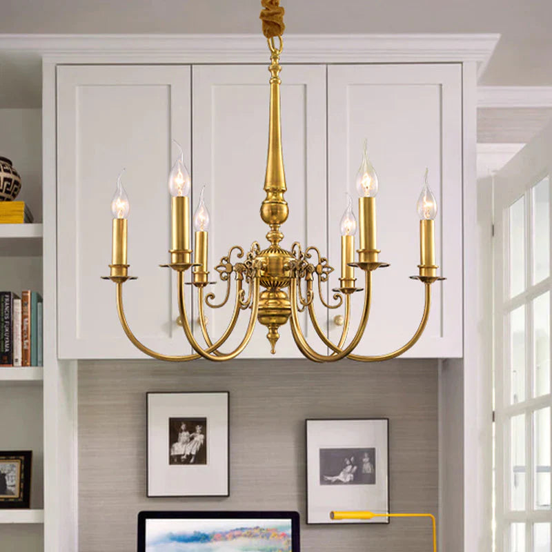 Metal Arched Arm Chandelier Light Fixture Colonialist 6 Lights Living Room Ceiling Pendant In Gold