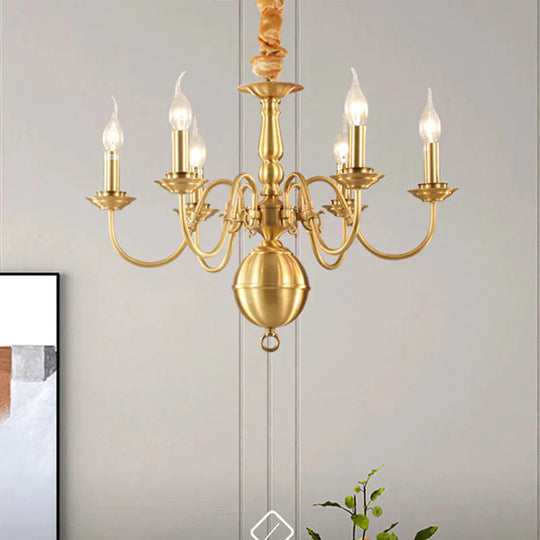 Colonialist Candle Hanging Pendant 6 Heads Metal Chandelier Lighting Fixture In Gold For Kitchen