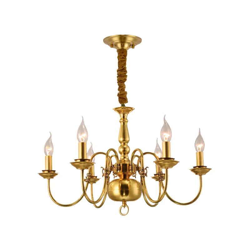 Colonialist Candle Hanging Pendant 6 Heads Metal Chandelier Lighting Fixture In Gold For Kitchen