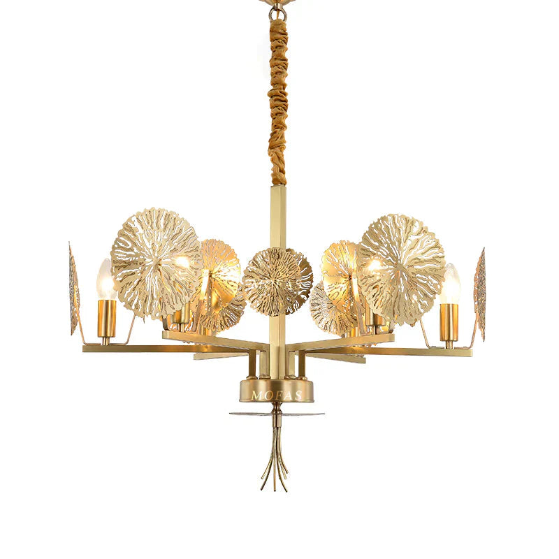 Colonial Lotus Pendant Ceiling Light 6/8 Heads Metal Chandelier Lighting Fixture In Gold For Living