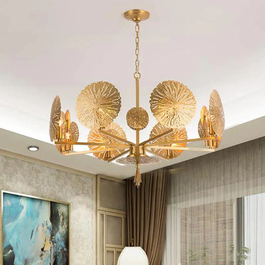 Colonial Lotus Pendant Ceiling Light 6/8 Heads Metal Chandelier Lighting Fixture In Gold For Living