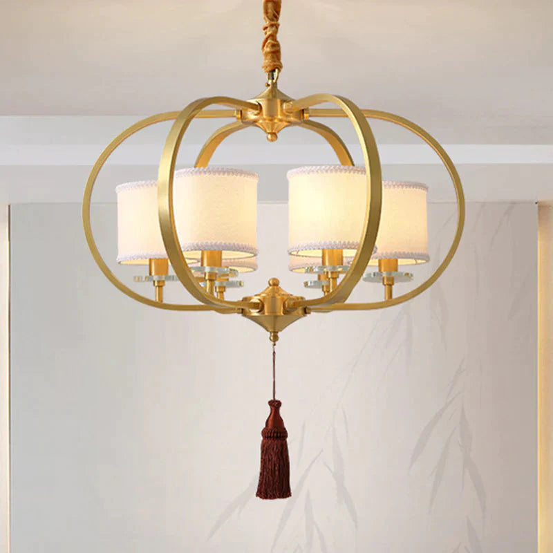 3/6 Lights Dining Room Chandelier Lamp Traditional Brass Ceiling Light With Drum Fabric Shade 6 /