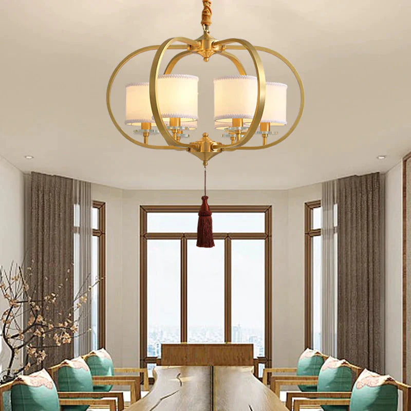 3/6 Lights Dining Room Chandelier Lamp Traditional Brass Ceiling Light With Drum Fabric Shade