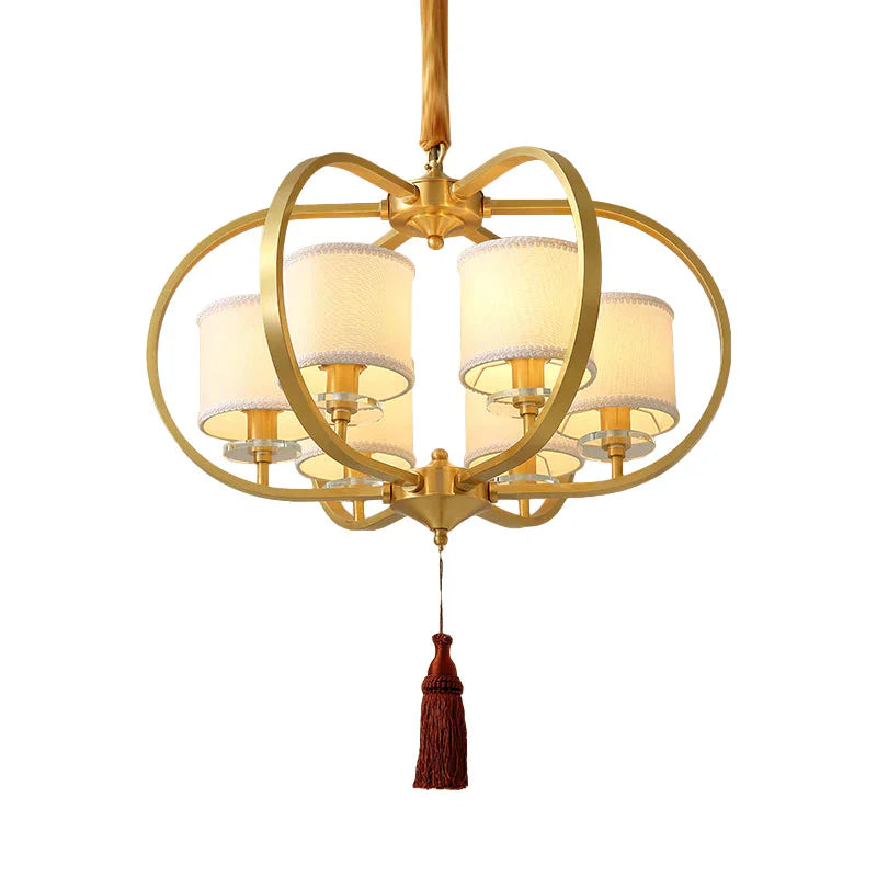 3/6 Lights Dining Room Chandelier Lamp Traditional Brass Ceiling Light With Drum Fabric Shade