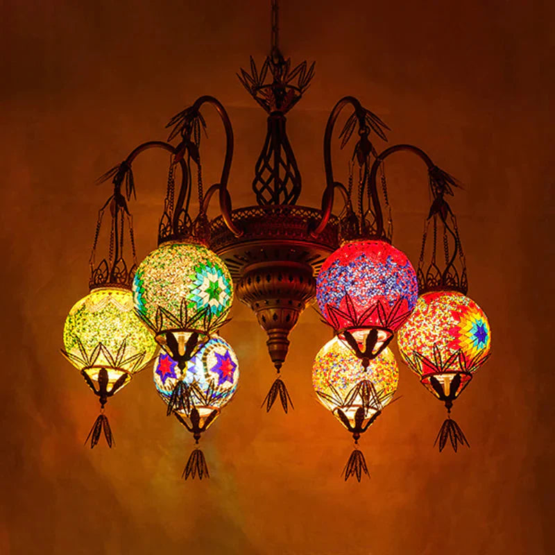 6 Lights Globe Hanging Chandelier Moroccan Brass Cut Glass Suspension Pendant For Dining Room