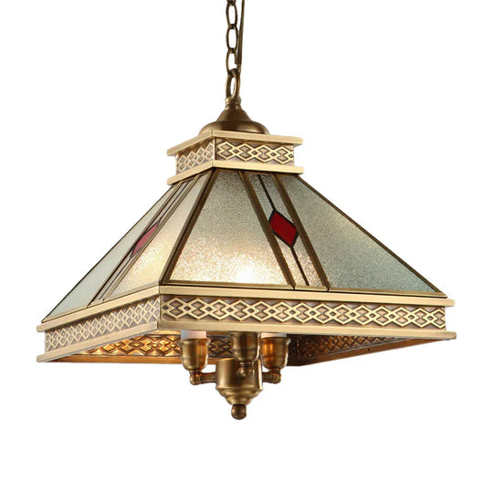 Retro Frosted Glass Pyramid Shaped Bedroom Ceiling Chandelier 3 Lights Gold Hanging Light