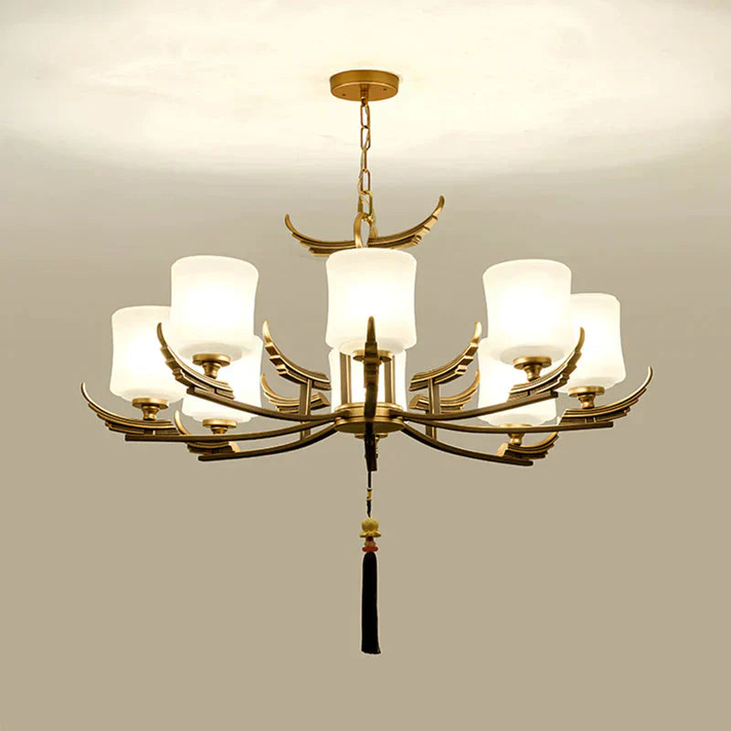 Black And Gold 6/8/10 Lights Chandelier Light Classic Opal Glass Cylinder Suspension Pendant