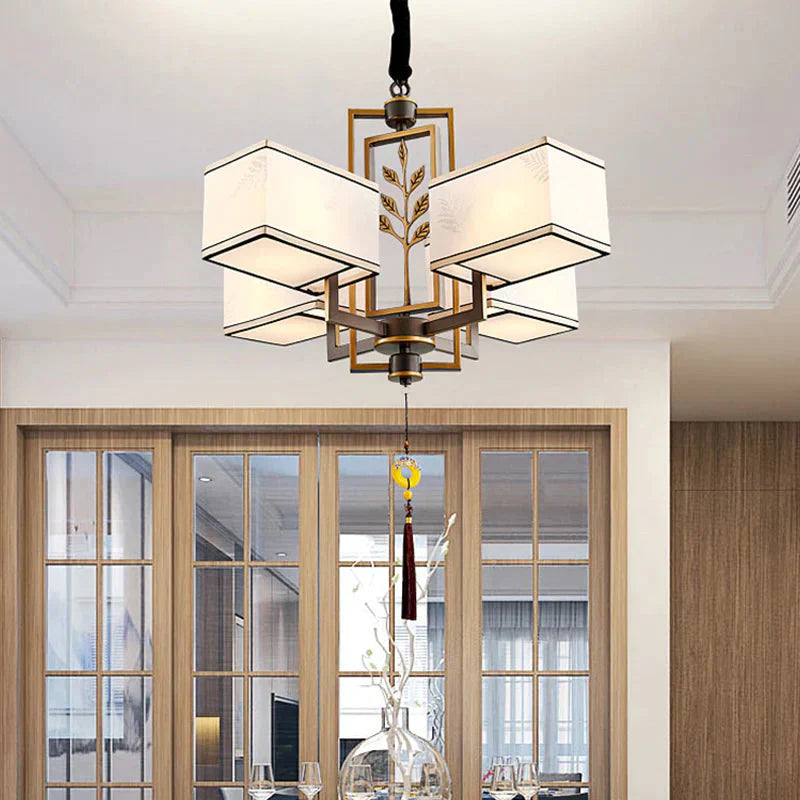 Rectangle Fabric Ceiling Chandelier Classic 6/8/12 Lights Living Room Pendant Lamp In Black With