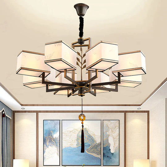Rectangle Fabric Ceiling Chandelier Classic 6/8/12 Lights Living Room Pendant Lamp In Black With