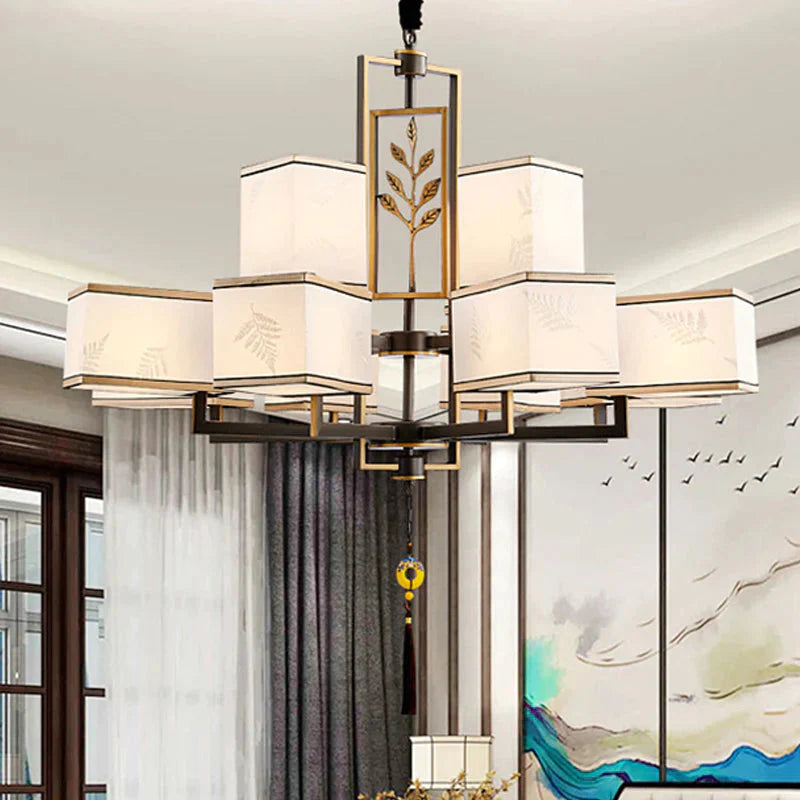 Rectangle Fabric Ceiling Chandelier Classic 6/8/12 Lights Living Room Pendant Lamp In Black With