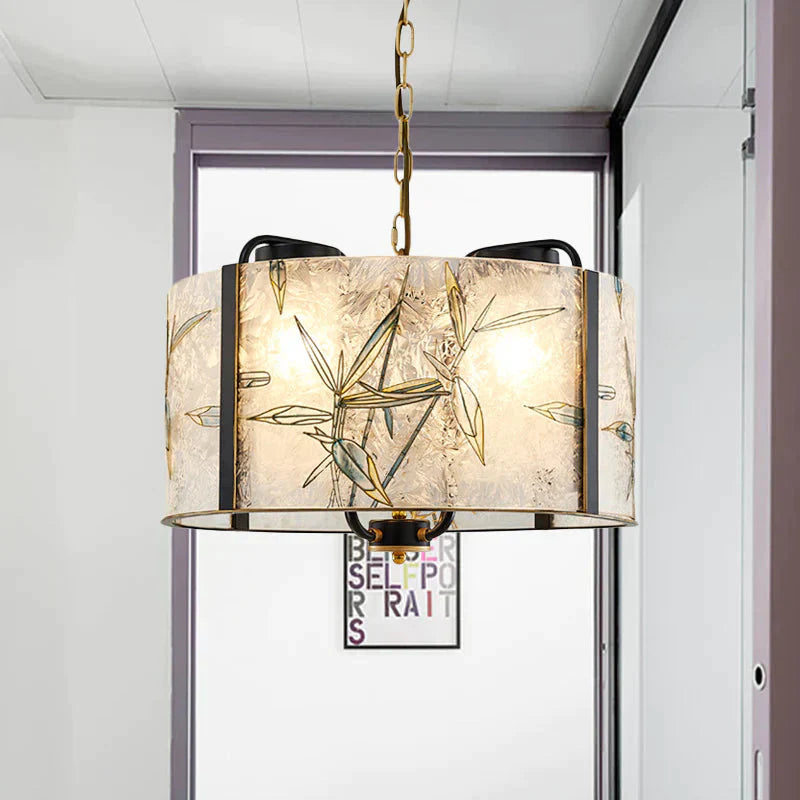 Classic Drum Suspension Pendant 4 Lights White Glass Pendulum Light For Living Room