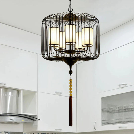 Traditional Black Cylinder Tea House Hanging 5 Light Pendant Chandelier