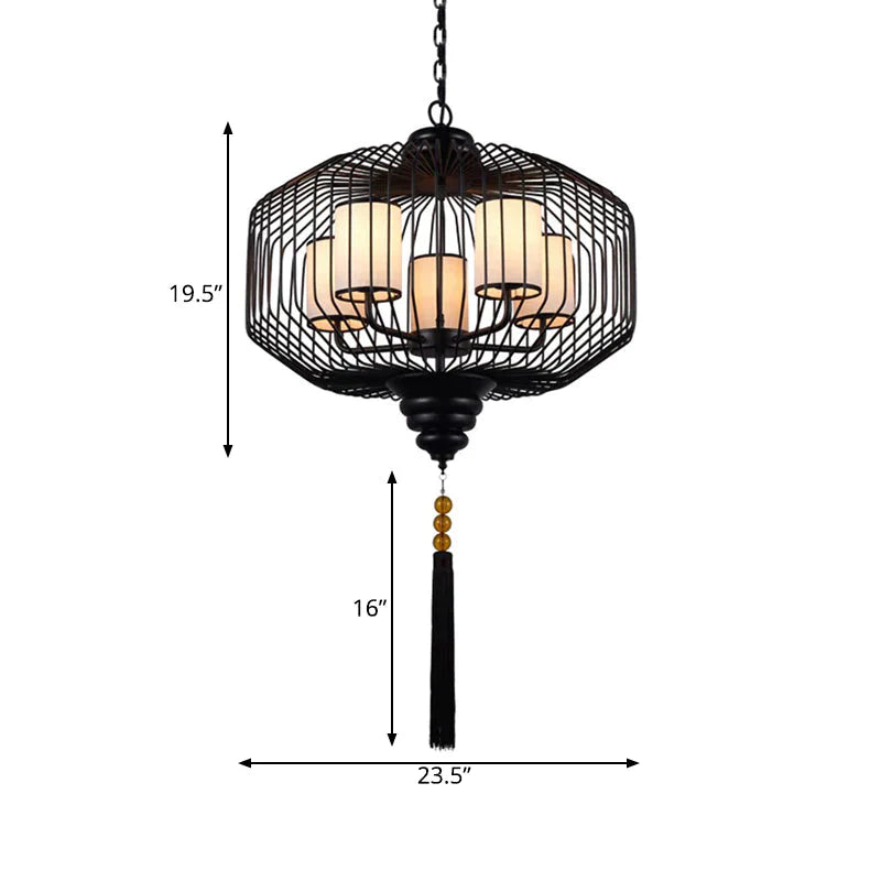 5 Lights Dining Room Hanging Chandelier Classic Black Pendant Light With Cylinder Fabric Shade