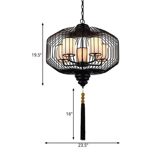 5 Lights Dining Room Hanging Chandelier Classic Black Pendant Light With Cylinder Fabric Shade
