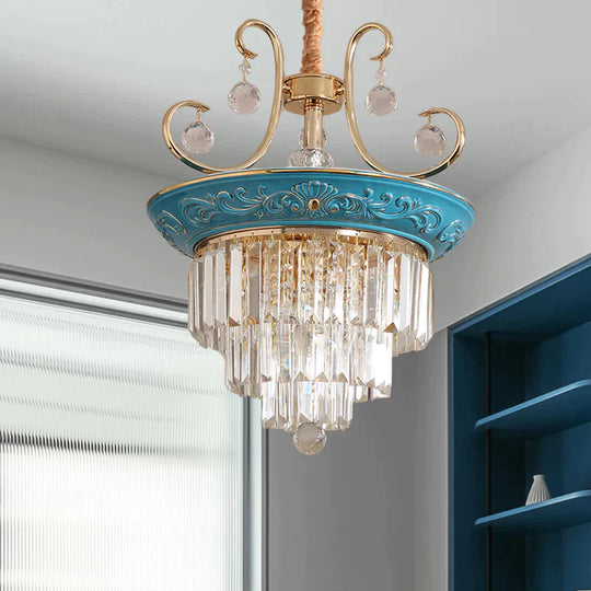 3 Tiers Tri - Sided Crystal Rod Chandelier Light Simple Style 3/5 Heads Blue Ceiling Fixture