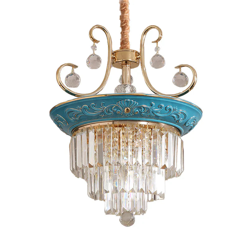 3 Tiers Tri - Sided Crystal Rod Chandelier Light Simple Style 3/5 Heads Blue Ceiling Fixture