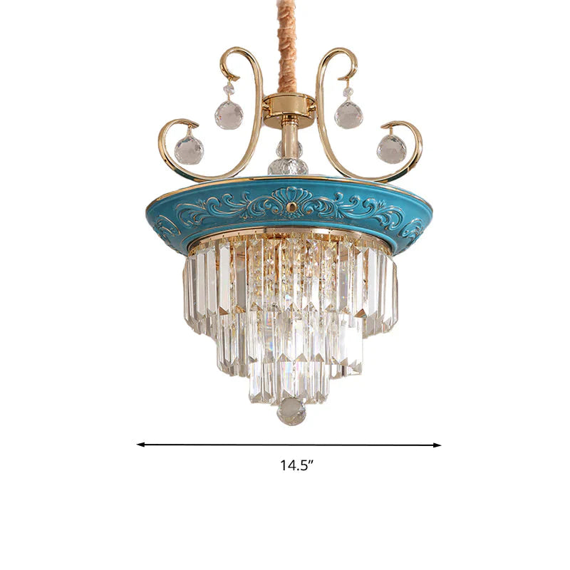 3 Tiers Tri - Sided Crystal Rod Chandelier Light Simple Style 3/5 Heads Blue Ceiling Fixture