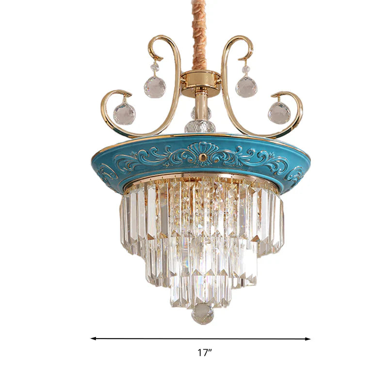 3 Tiers Tri - Sided Crystal Rod Chandelier Light Simple Style 3/5 Heads Blue Ceiling Fixture