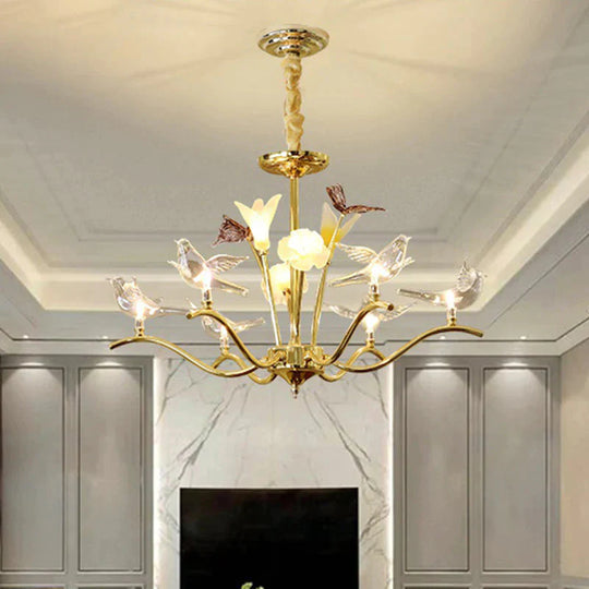 Clear Crystal Flower Hanging Light Kit Postmodern 6 Heads Living Room Ceiling Chandelier In Gold
