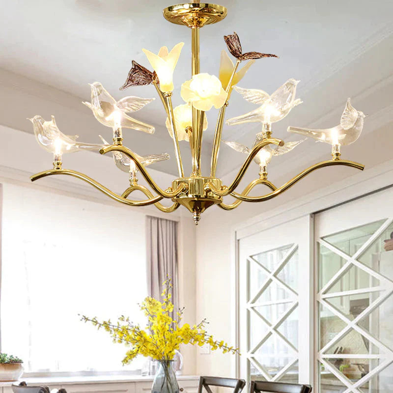 Clear Crystal Flower Hanging Light Kit Postmodern 6 Heads Living Room Ceiling Chandelier In Gold