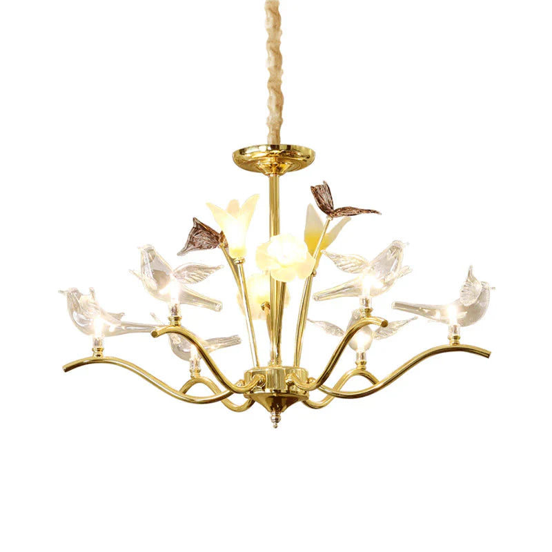 Clear Crystal Flower Hanging Light Kit Postmodern 6 Heads Living Room Ceiling Chandelier In Gold