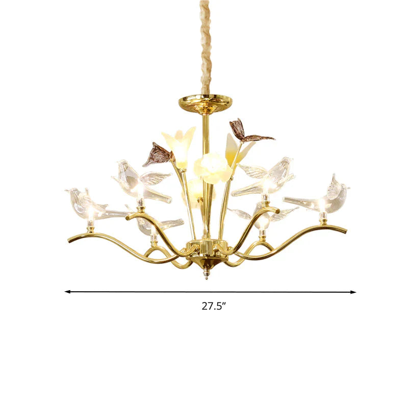 Clear Crystal Flower Hanging Light Kit Postmodern 6 Heads Living Room Ceiling Chandelier In Gold