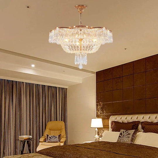 Dome Bedroom Hanging Chandelier Simple Crystal Strand 4 Heads Gold Suspension Light Fixture