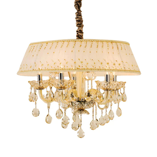 Drum Living Room Chandelier Light Contemporary Fabric 4 Heads Beige Hanging Lamp With Crystal Drop