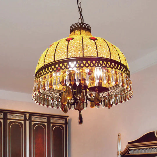 Yellow 3 Lights Hanging Chandelier Southeast Asian Style Crystal Drop Dome Ceiling Light