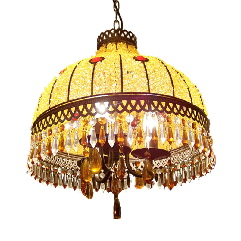 Yellow 3 Lights Hanging Chandelier Southeast Asian Style Crystal Drop Dome Ceiling Light