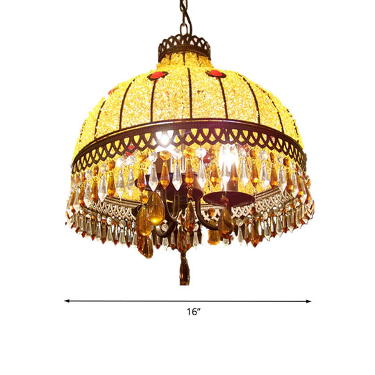 Yellow 3 Lights Hanging Chandelier Southeast Asian Style Crystal Drop Dome Ceiling Light