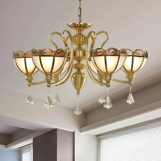 Bowl Frosted Glass Suspension Pendant Colonial 6 Bulbs Living Room Chandelier Lighting In Gold
