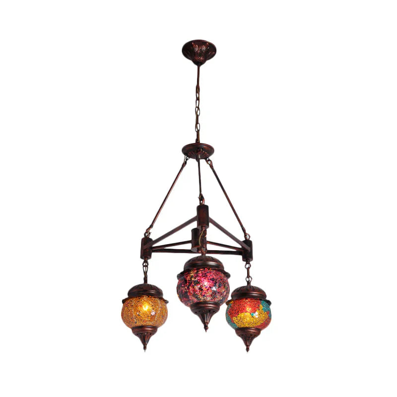 Globe Living Room Hanging Chandelier Moroccan Stained Glass 3 Lights Weathered Copper Pendant Lamp