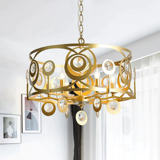 Round Bedroom Hanging Chandelier Postmodern Crystal Encrusted 4/6 Lights Gold Ceiling Pendant