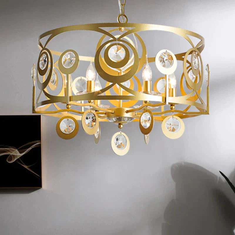 Round Bedroom Hanging Chandelier Postmodern Crystal Encrusted 4/6 Lights Gold Ceiling Pendant