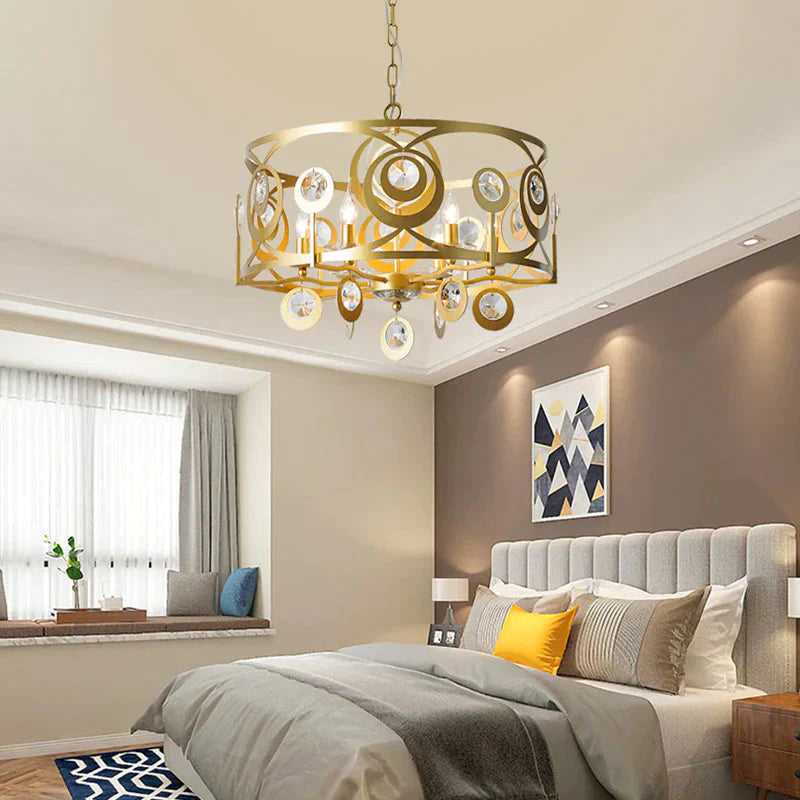 Round Bedroom Hanging Chandelier Postmodern Crystal Encrusted 4/6 Lights Gold Ceiling Pendant