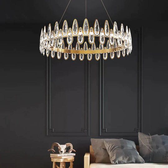 Gold Ring Ceiling Pendant Light Simple Style Teardrop Crystal Living Room Led Hanging Chandelier