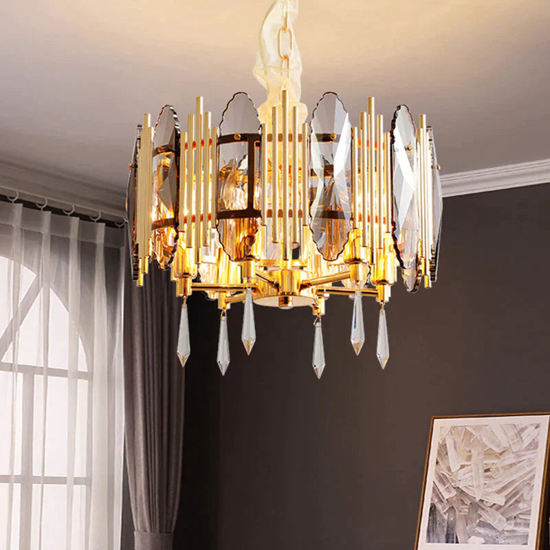 Crystal Block Gold Chandelier Light Fixture Round 6 Heads Traditional Pendant Lighting