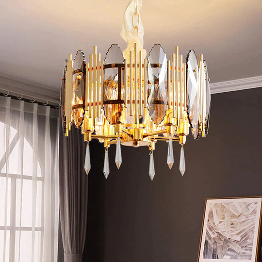Crystal Block Gold Chandelier Light Fixture Round 6 Heads Traditional Pendant Lighting