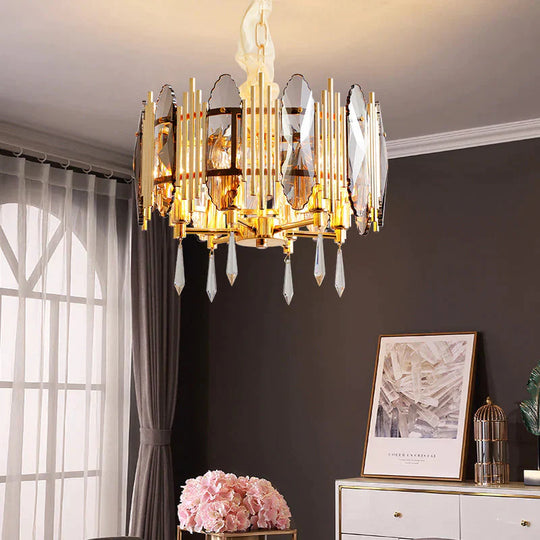 Crystal Block Gold Chandelier Light Fixture Round 6 Heads Traditional Pendant Lighting