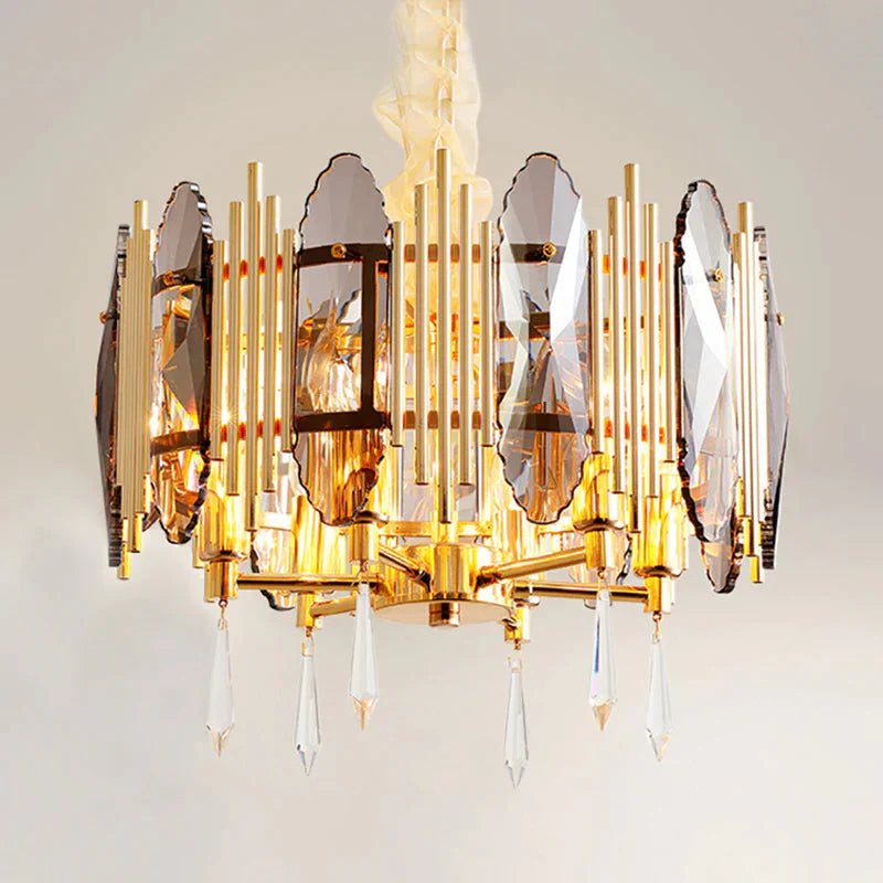 Crystal Block Gold Chandelier Light Fixture Round 6 Heads Traditional Pendant Lighting