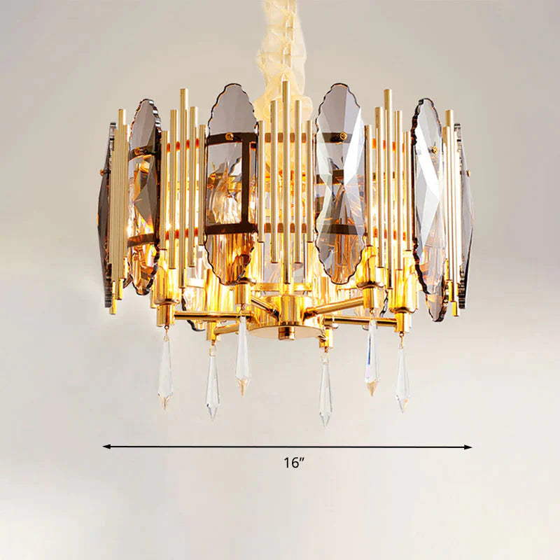 Crystal Block Gold Chandelier Light Fixture Round 6 Heads Traditional Pendant Lighting