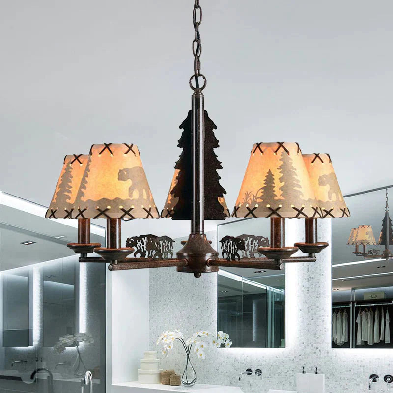 Cone Metal Chandelier Lighting Fixture Rural 5 Heads Dining Room Hanging Ceiling Light In Black