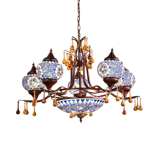 Blue/Yellow 8 Lights Chandelier Lighting Fixture Moroccan Stained Glass Globe Hanging Ceiling Light