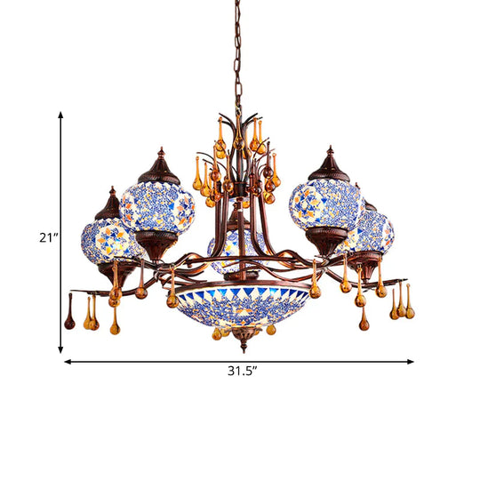 Blue/Yellow 8 Lights Chandelier Lighting Fixture Moroccan Stained Glass Globe Hanging Ceiling Light