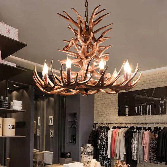 9 Heads Antler Ceiling Chandelier Farmhouse Brown Resin Suspended Lighting Fixture For Restaurant