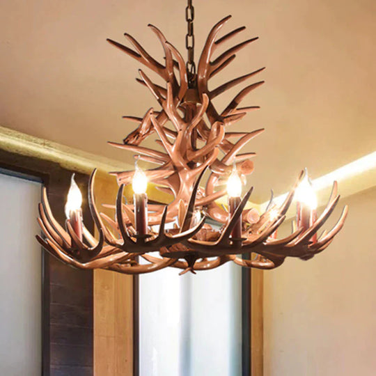 9 Heads Antler Ceiling Chandelier Farmhouse Brown Resin Suspended Lighting Fixture For Restaurant