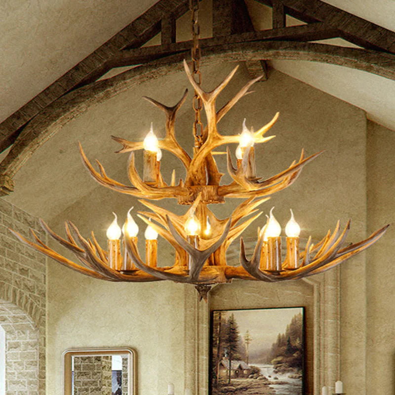 Resin Candle Shape Hanging Chandelier Farmhouse 12 Bulbs Restaurant Suspension Pendant Light In
